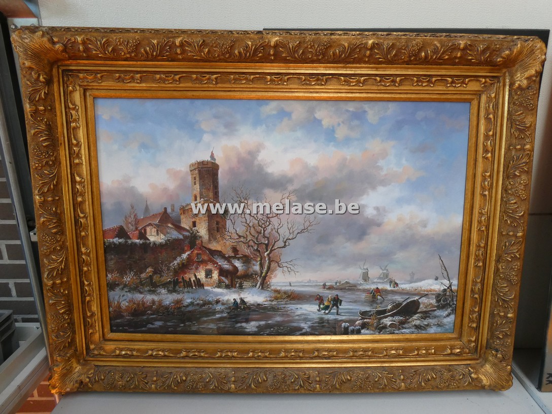 Schilderij in vergulde kader "winterpret op ijs"